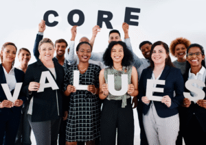 people holding a sign saying 'core values'