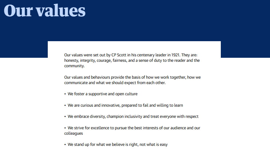 The Guardian's values - lifted from their careers site